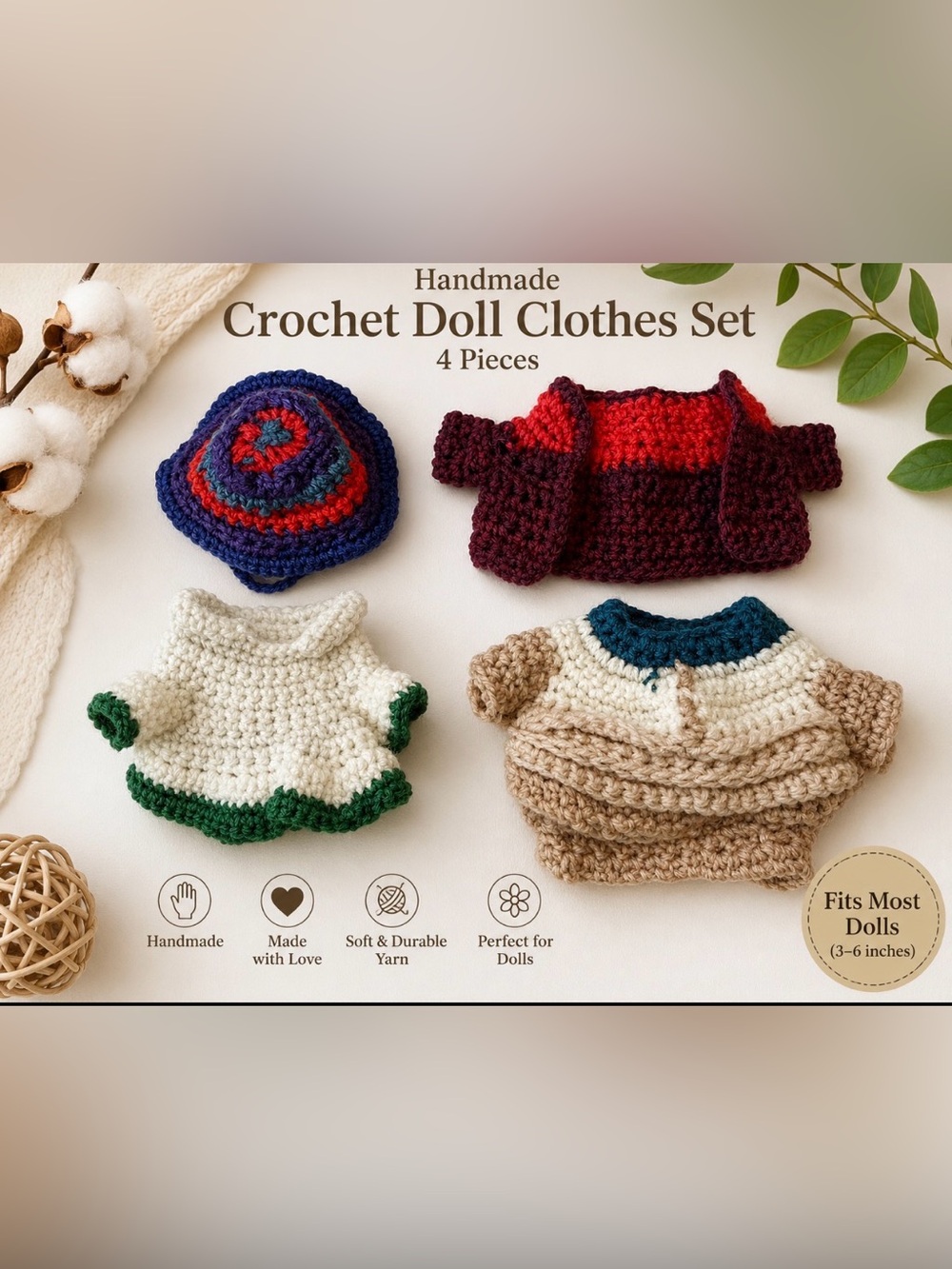 Handmade Crochet Doll Clothes Set – 4 Pieces, Fits 3–6 Inch Dolls, Soft Yarn